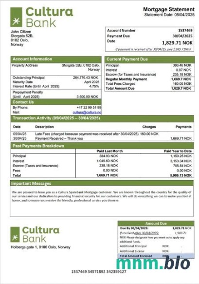 Norwegia Cultura Sparebank wyciąg z kredytu hipotecznego szablon Word i PDF